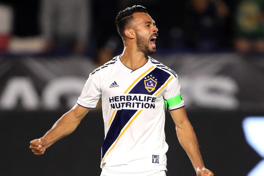 Galaxy's Giancarlo Gonzalez #21 of Los Angeles Galaxy reacts after scoring the go ahead goal in penalty kicks to defeat Tijuana 3-1 during the quarterfinal match of the 2019 Leagues Cup at Dignity Health Sports Park on July 23, 2019 in Carson, California. (Photo by Sean M. Haffey/Getty Images)