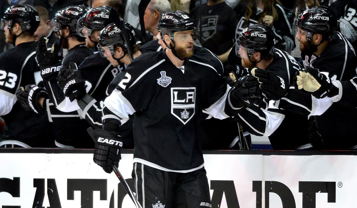 Shown in June, Kings forward Marian Gaborik, who led the NHL playoffs with 14 goals last season, scored twice in a 4-3 shootout victory over the Coyotes on Monday night in a split-squad preseason game at Staples Center.