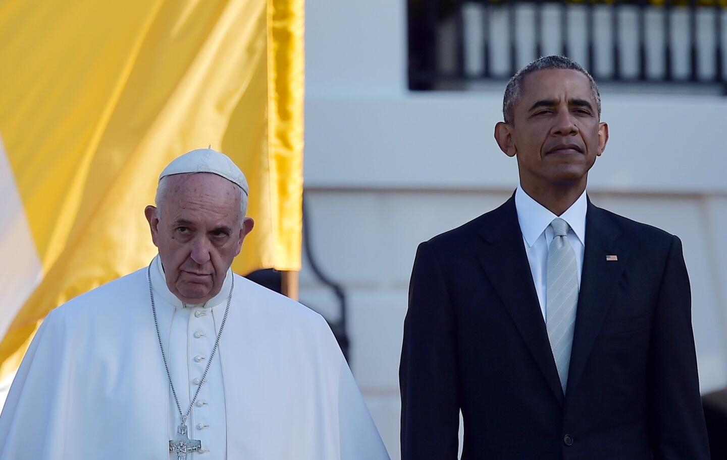 President Barack Obama welcomes Pope Francis to the White House on Sept. 23, 2015.