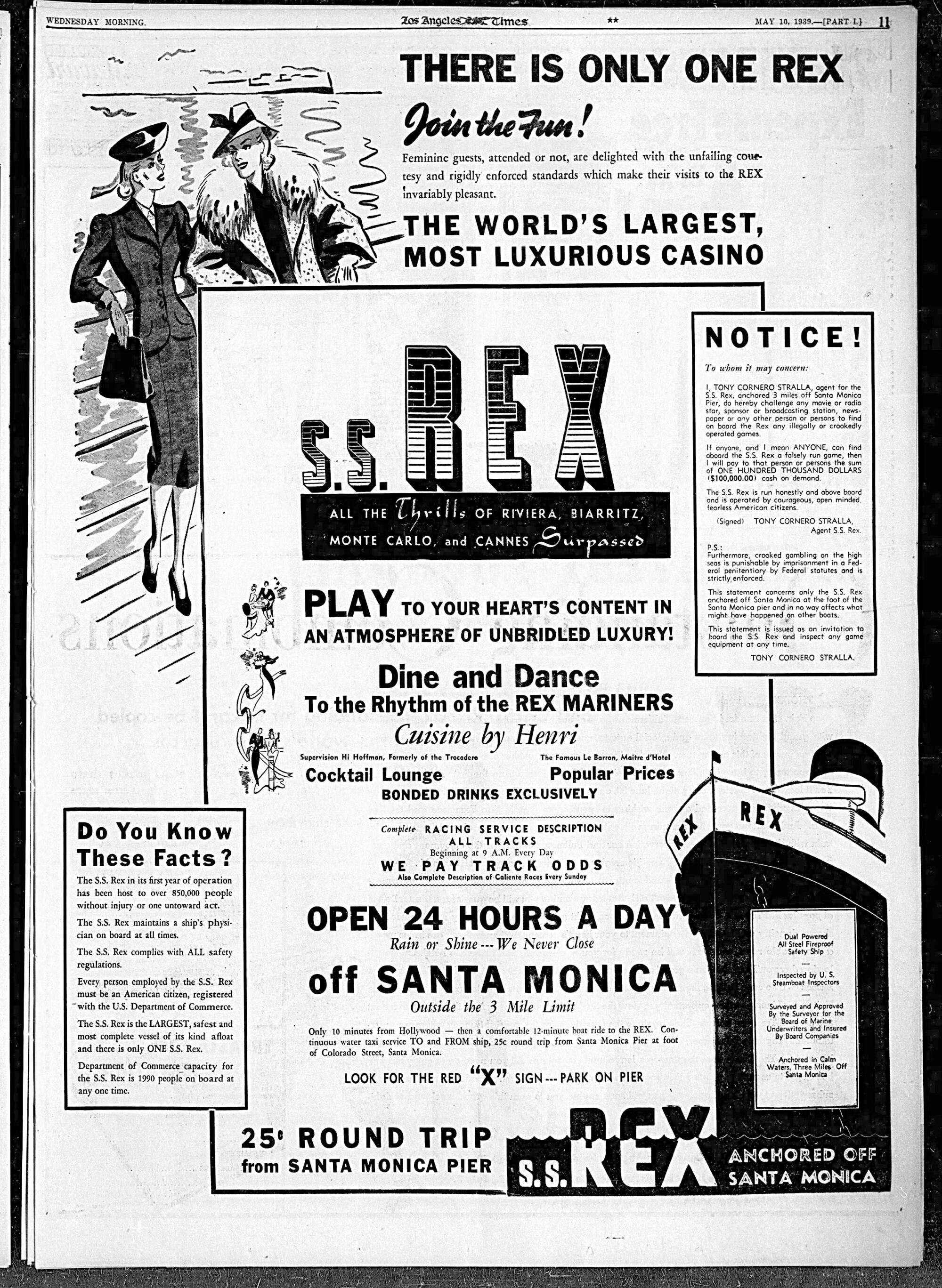 A 1939 advertisement for Tony Cornero's S.S. Rex gambling ship that appeared in the Los Angeles Times.