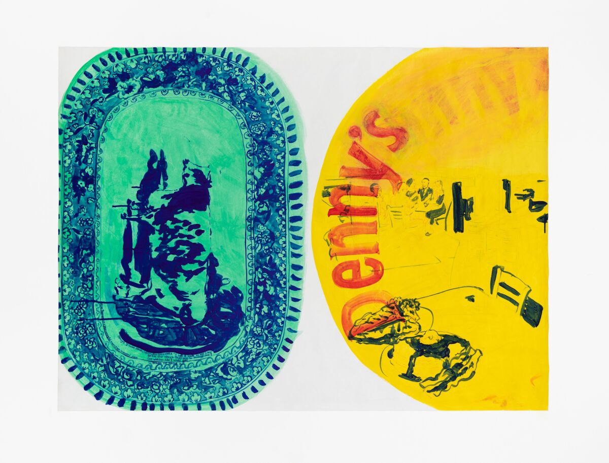 "First Meal 06: Denny's" by Julie Green, 2018, part of the "First Meal" series on view at the American Museum of Ceramic Art. Acrylic on Tyvek, 34 inches 46 inches.