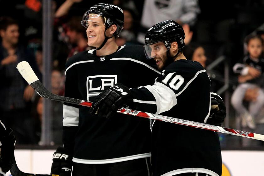 LOS ANGELES, CA - APRIL 05: Tobias Rieder #10 congratulates Daniel Brickley #78 of the Los Angeles Kings after he scored a goal during the second period of a game against the Minnesota Wild at Staples Center on April 5, 2018 in Los Angeles, California. (Photo by Sean M. Haffey/Getty Images) ** OUTS - ELSENT, FPG, CM - OUTS * NM, PH, VA if sourced by CT, LA or MoD **