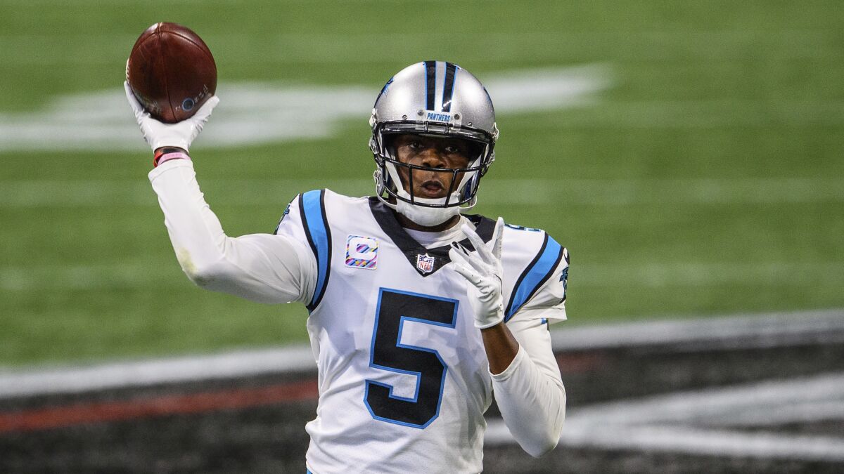 Panthers quarterback Teddy Bridgewater throws a pass in a game against the Falcons on Oct. 11.