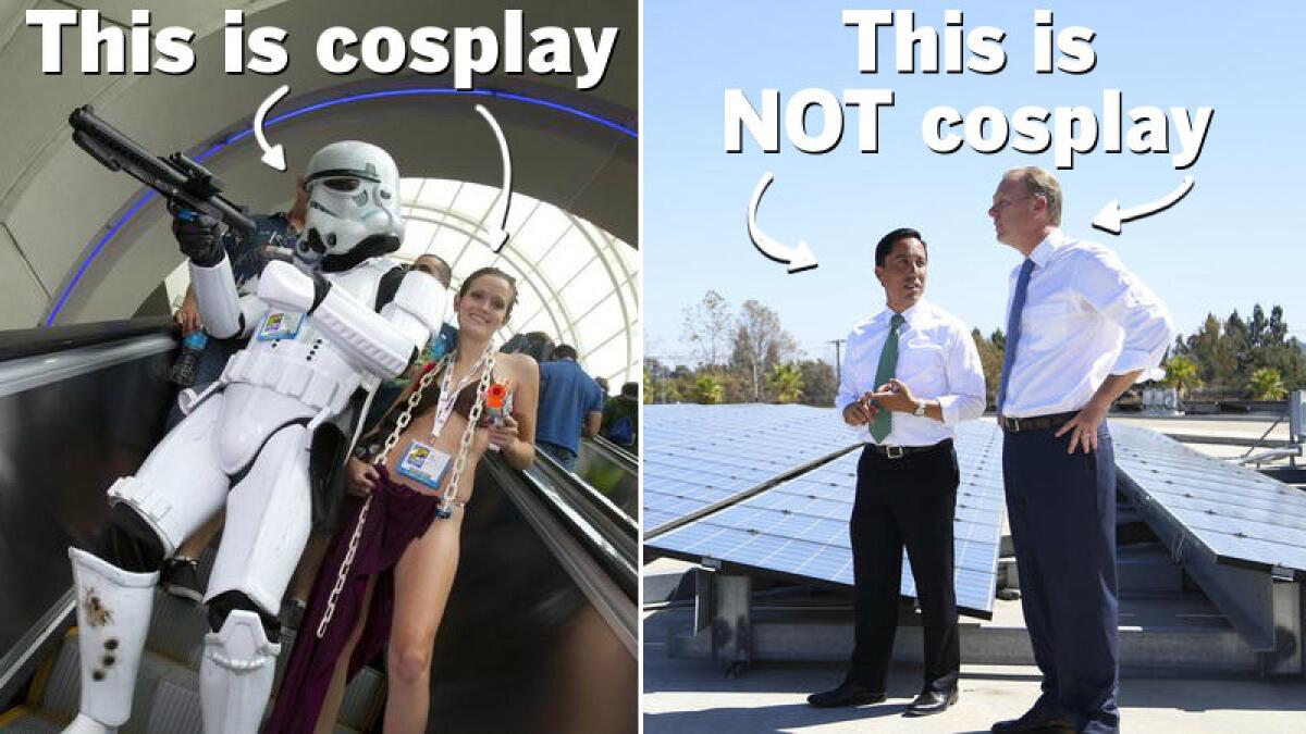 Cosplay is a form of costumed role-playing, often modeled after a fictional character in comics or movies. The couple on the left is an example of people participating in cosplay; the couple on the right are not participating in cosplay.