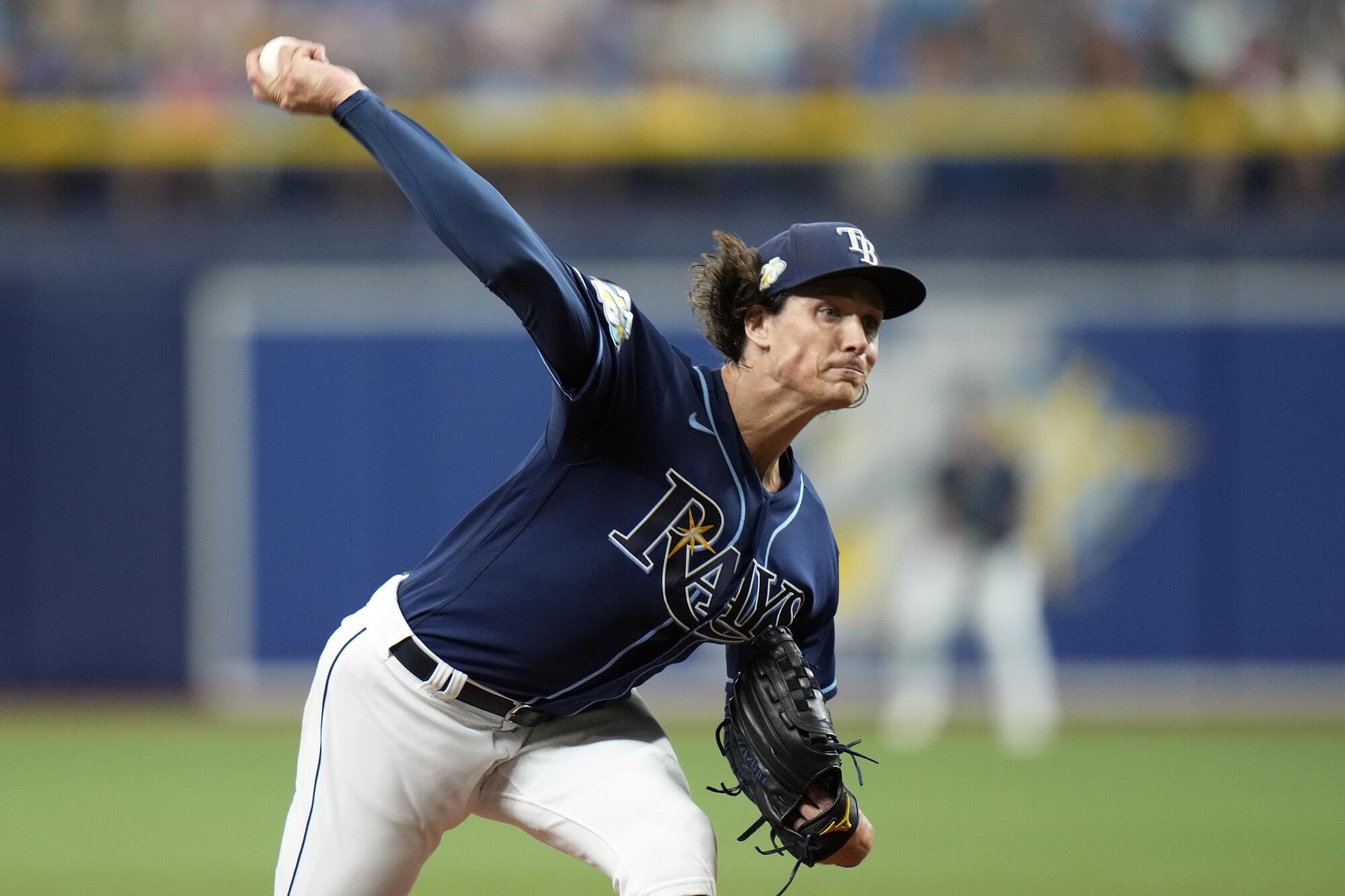 Tyler Glasnow pitches during a game between the Tampa Bay Rays and Miami Marlins in July.