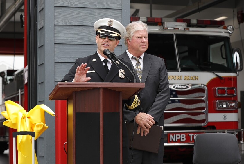Newport Beach Fire Chief Jeff Boyles makes comments during the grand opening of Peninsula Fire Station No. 2.