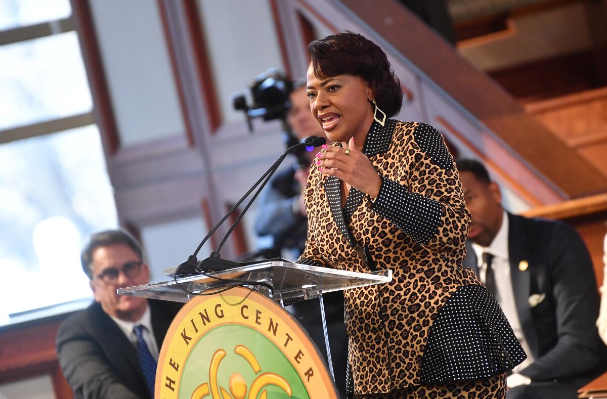 The Rev. Bernice King speaks at a lectern