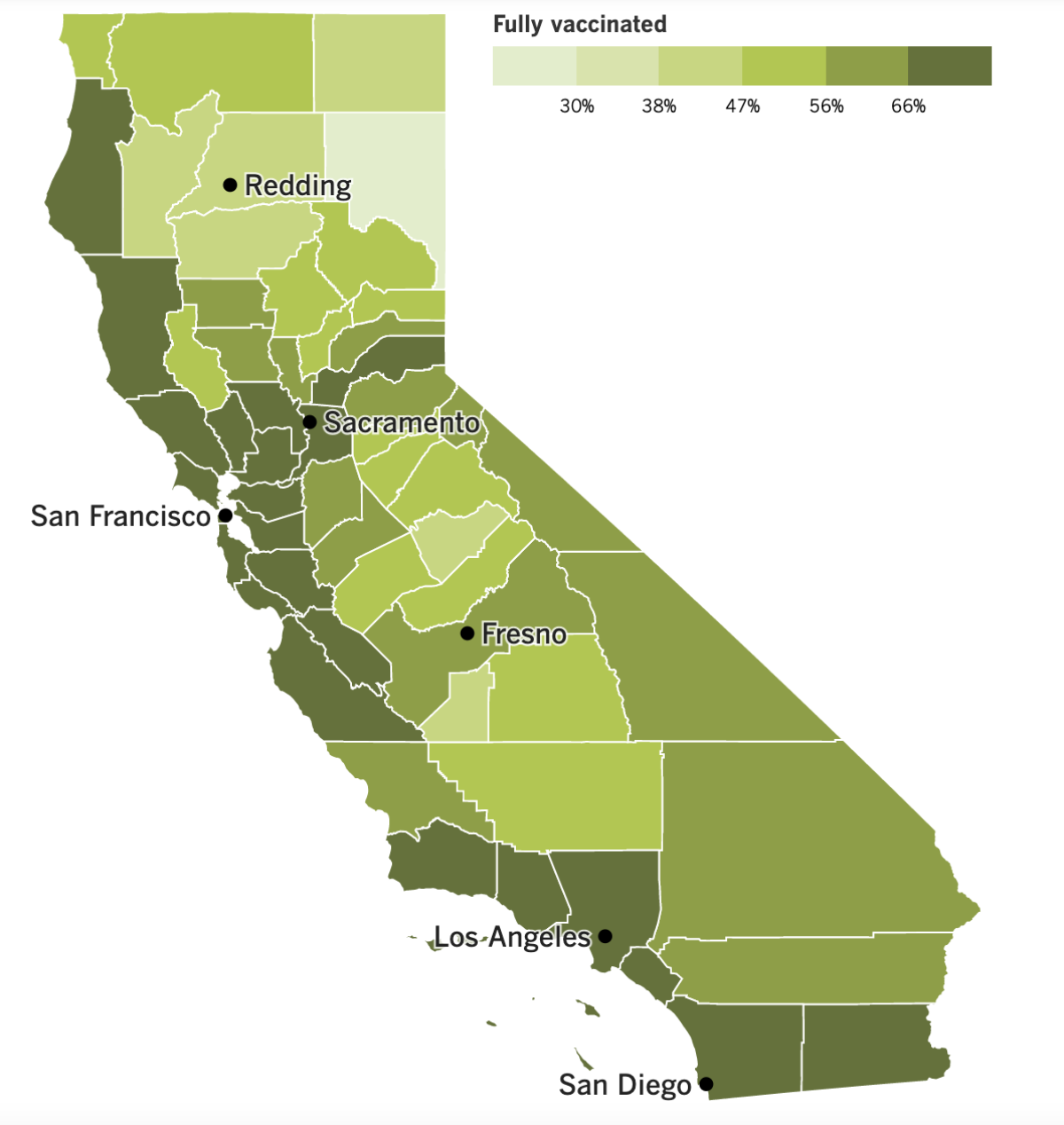 A map showing California's COVID-19 vaccination progress by county as of May 31, 2022.