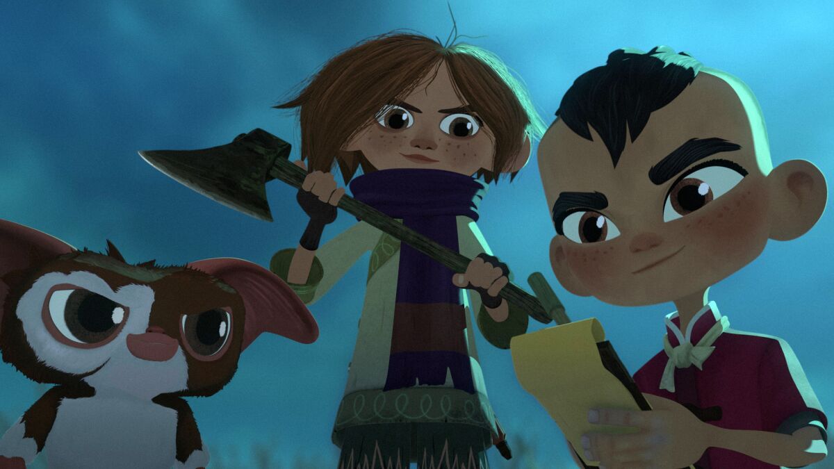 Three animated characters: Gizmo, Elle holding an ax and Sam Wing holding a pad of paper