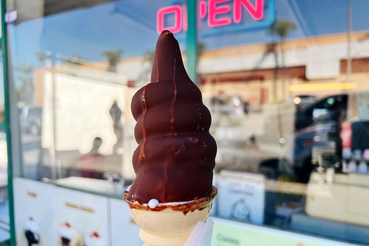 The chocolate-dipped cone of soft serve ice cream at Bob's Freeze in East L.A.
