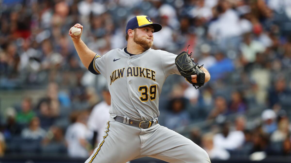 Milwaukee Brewers pitcher Corbin Burnes works against the Yankees on Sept. 10 in New York.