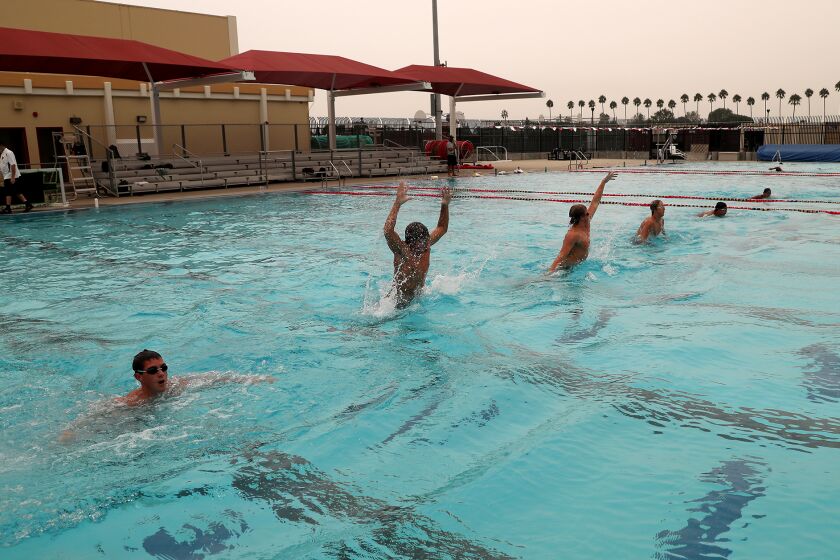 Estancia High varsity boys' water polo players during practice on Thursday.