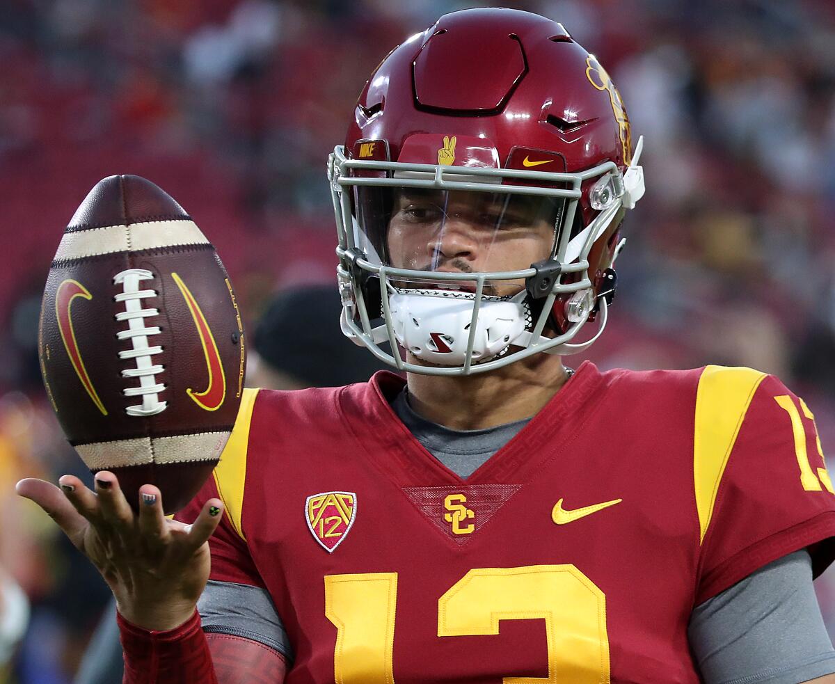 LOS ANGELES, CALIF. - SEP. 17, 2022. USC quarterback Caleb Williams warms up before the game.