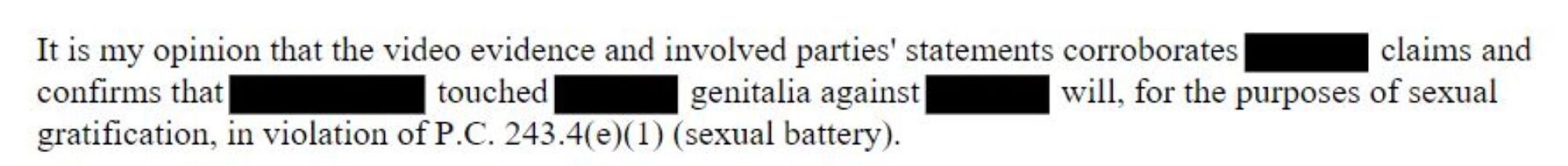 Text from a report says a detective believes that the evidence supports a detainee's claims of sexual battery