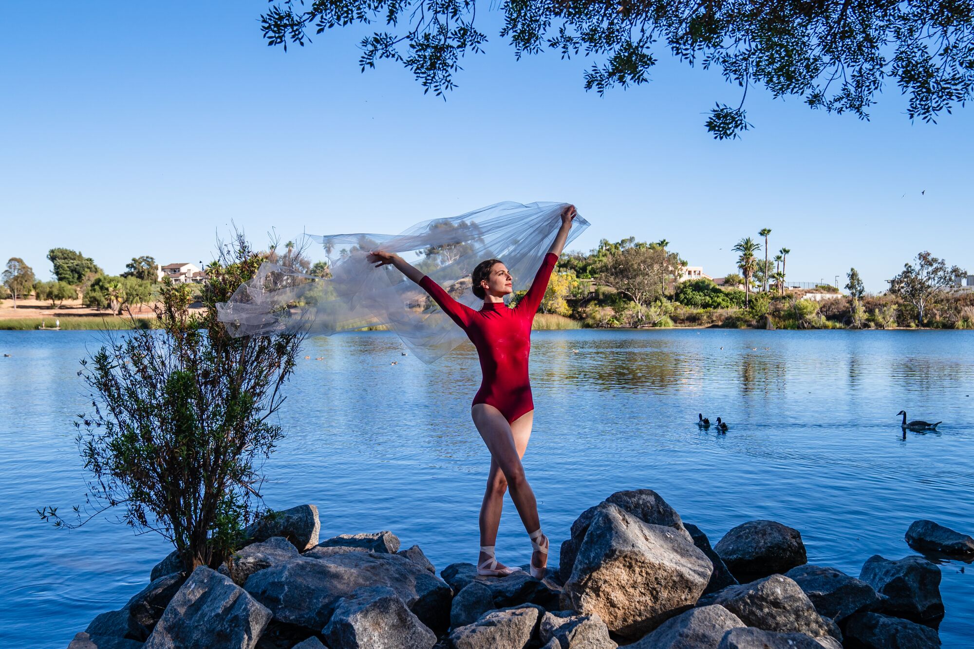 Ballet dancer Lauren Flower at Lake Murray in La Mesa.