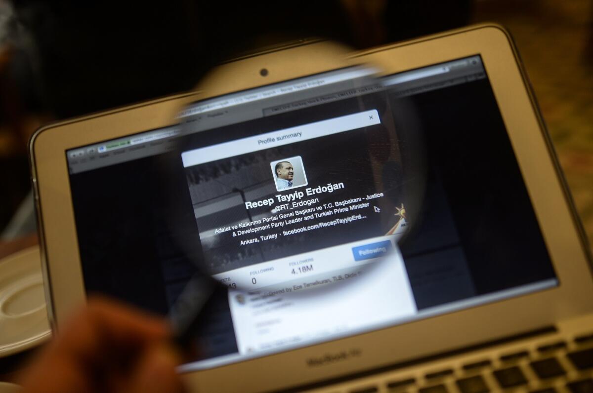 Turkish Prime Minister Recep Tayyip Erdogan's Twitter account is seen on a computer screen in Istanbul. A Turkish court on Wednesday suspended the government's controversial Twitter ban.