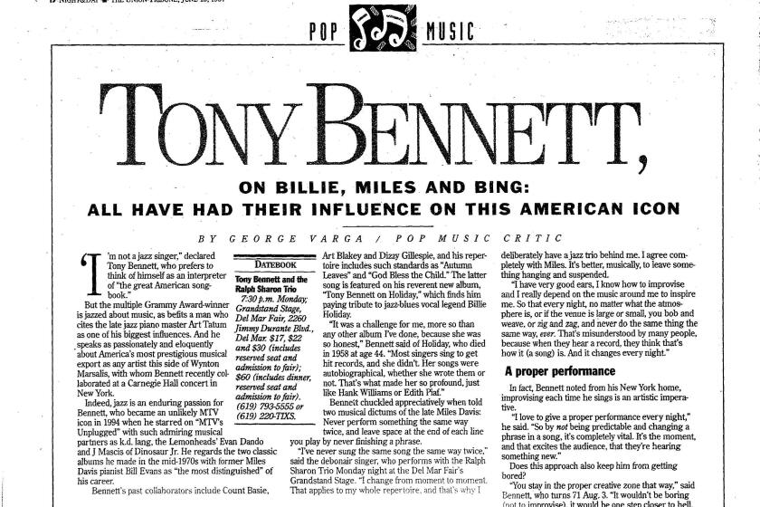 An interview with legendary singer Tony Bennett, published in the San Diego Union-Tribune, June 19, 1997.