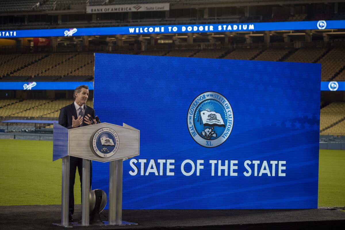 Gov. Gavin Newsom delivers the State of the State address on March 9, 2021 from an empty Dodger Stadium.