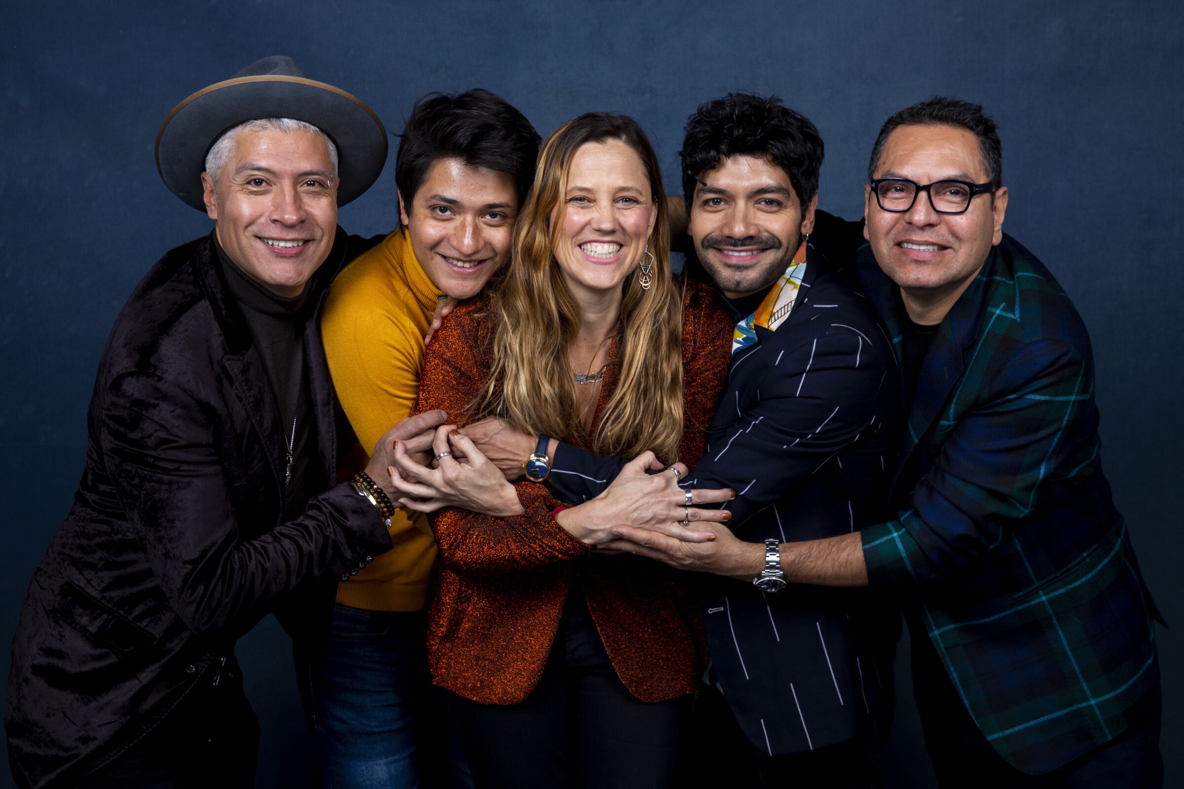 Iván Garcia, Armando Espitia, director Heidi Ewing, Christian Vazquez and Gerardo Zabaleta huddle together at Sundance 2020.