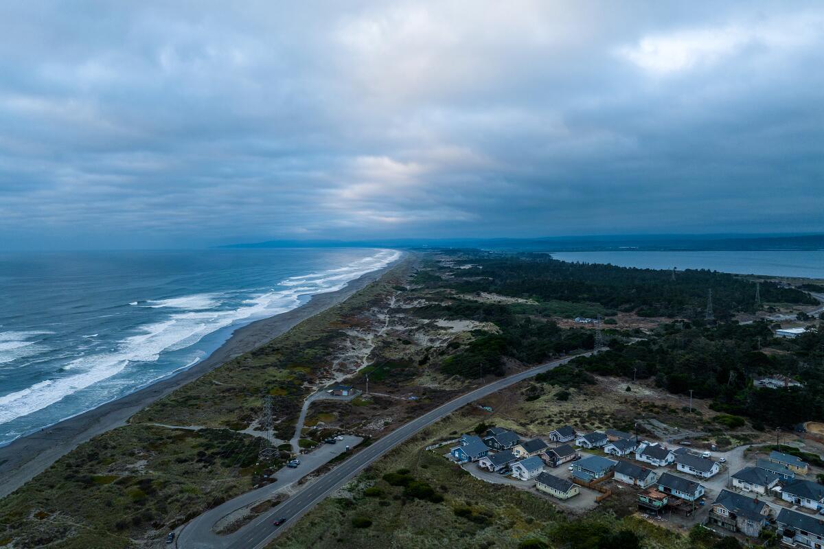 An aerial view of a cloudy sky over the Samoa Peninsula in Eureka