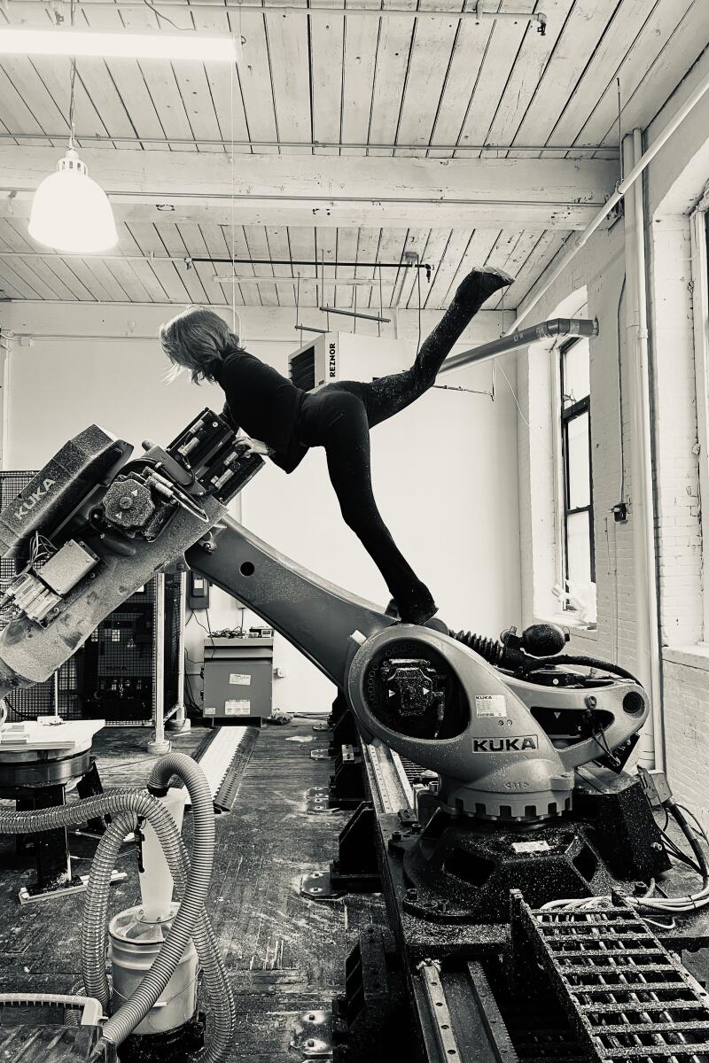 Meeting "Kuka" the robot camera to research question possibilities successful mentation for the Schon! editorial; Volvox Labs, Brooklyn NY; >>> I THINK THIS WAS ALSO PHOTOGRAPHED BY JULIA COMITA - I sent an email to corroborate <<<