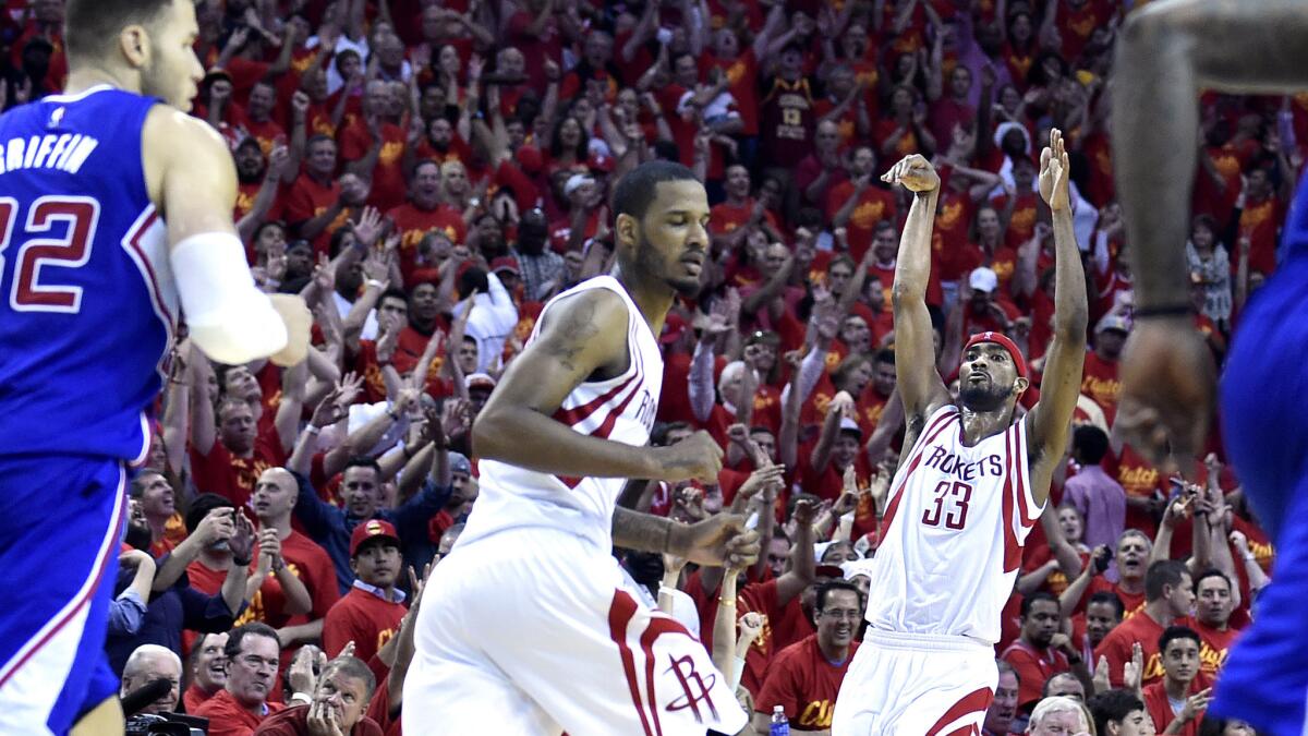 Rockets forward Corey Brewer hits a three-pointer against the Clippers late in the fourth quarter of Game 7 on Sunday.