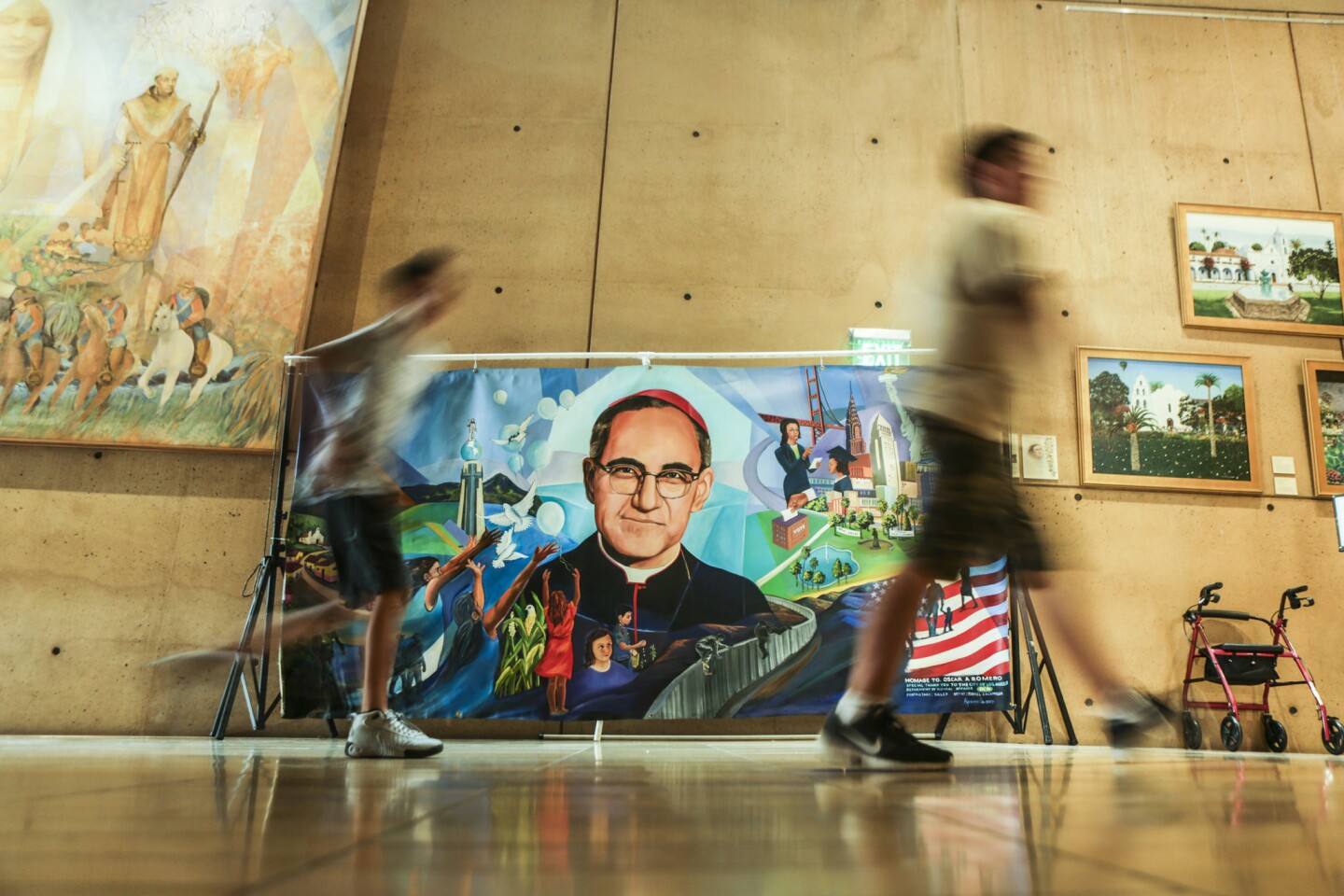 An art installation of Archbishop Oscar Romero is displayed in the hall of the Cathedral of Our Lady of the Angels in downtown Los Angeles, where a special Mass was said for the priest who was assassinated in 1980.