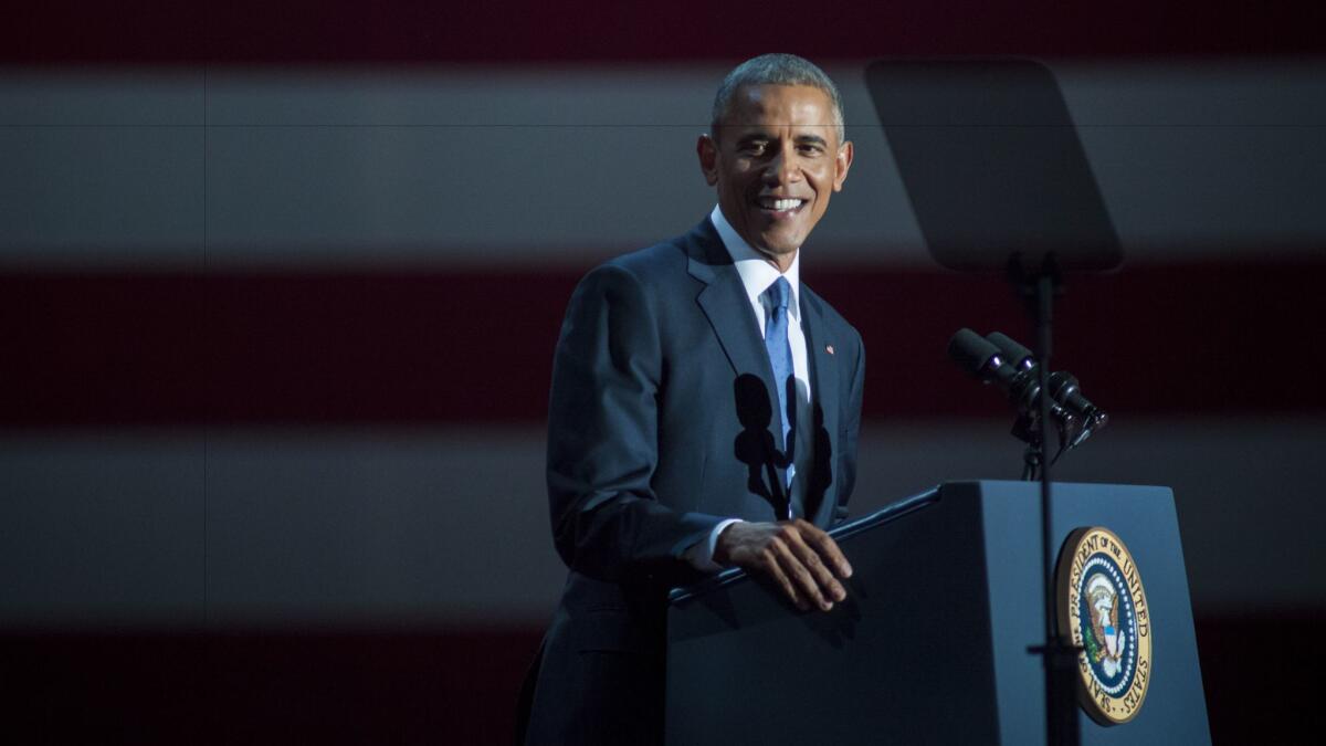 President Obama delivering his farewell address in Chicago on Tuesday.