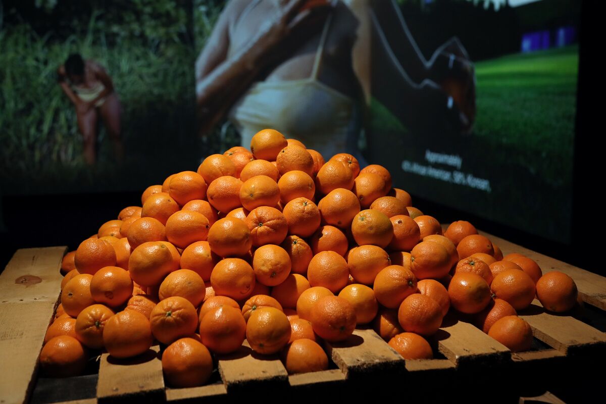 Oranges placed atop a stack of pallets at Larissa Rogers' show at the Grand Central Art Center. 