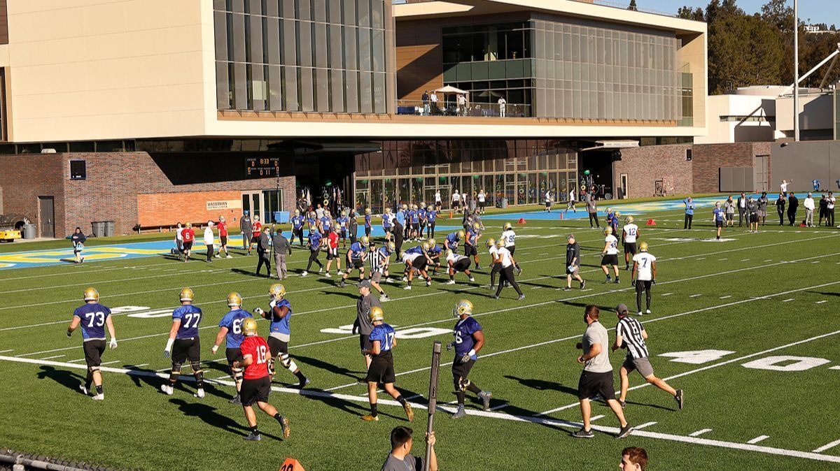 UCLA football players on the Spaulding practice field on the UCLA Westwood campus.
