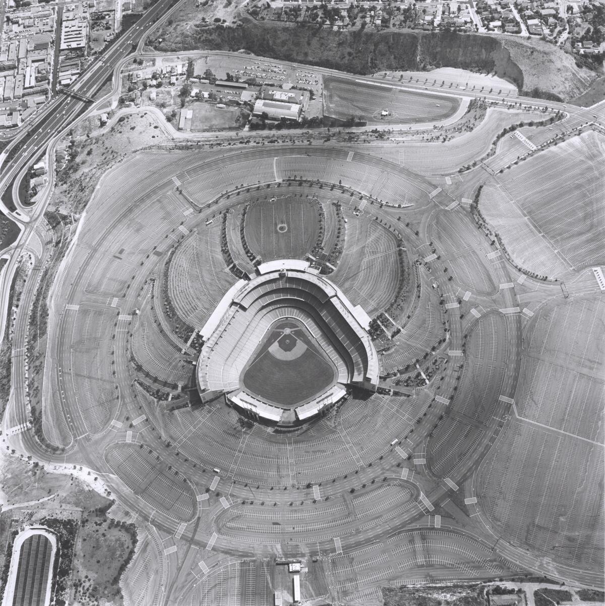 Ed Ruscha's "Dodger Stadium, " 1000 Elysian Park Ave., 1967, from "Parking Lots," series published in 1999. (Fine Arts Museums of San Francisco)
