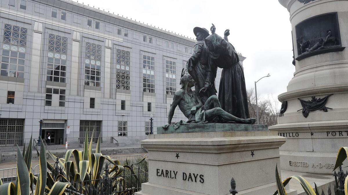 The statue, which depicts a Native American at the feet of a Spanish cowboy and Catholic missionary, will be restored and put in storage until officials decide what to do with it, San Francisco's Arts Commission said.
