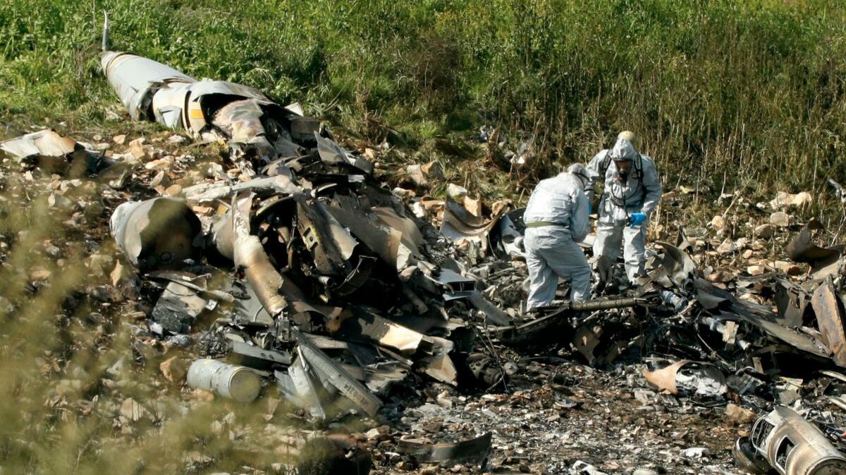 The remains of an Israel F-16 in the northern Israeli Kibbutz of Harduf in February after it was downed by Syrian antiaircraft missile — the first air force jet lost by Israel since the Lebanon war in 1982.