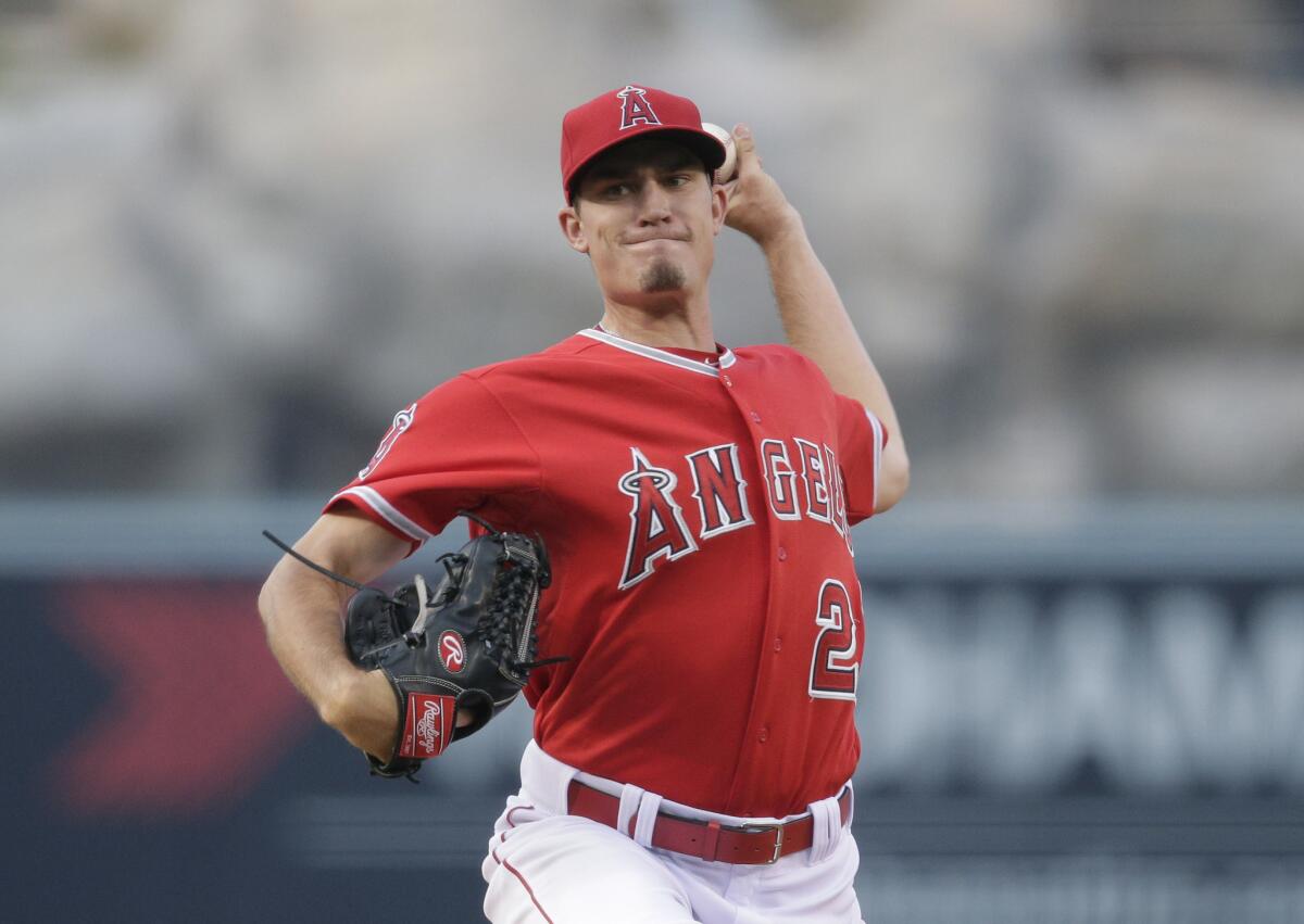 Angels left-hander Andrew Heaney throws a pitch against the New York Yankees during the first inning of a game Tuesday at Angel Stadium.