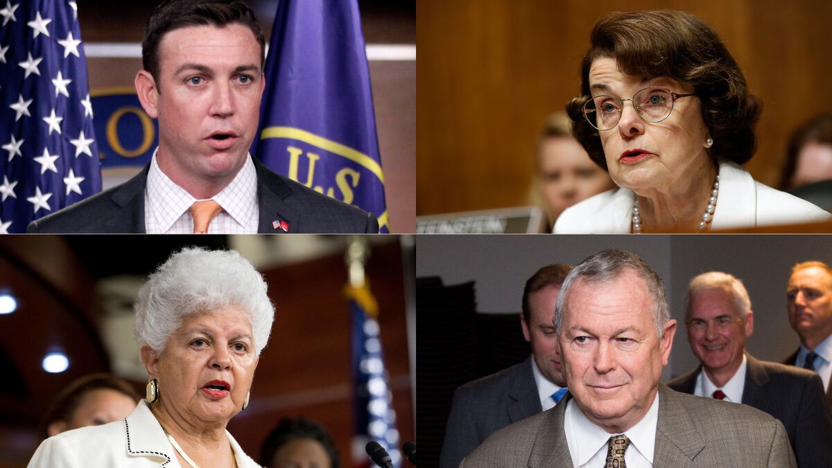 The deadline for Rep. Duncan Hunter (R-Alpine), clockwise from upper left, U.S. Sen. Dianne Feinstein (D-Calif.), Rep. Dana Rohrabacher (R-Costa Mesa) and Rep. Grace Napolitano to file their intent to seek reelection is March.