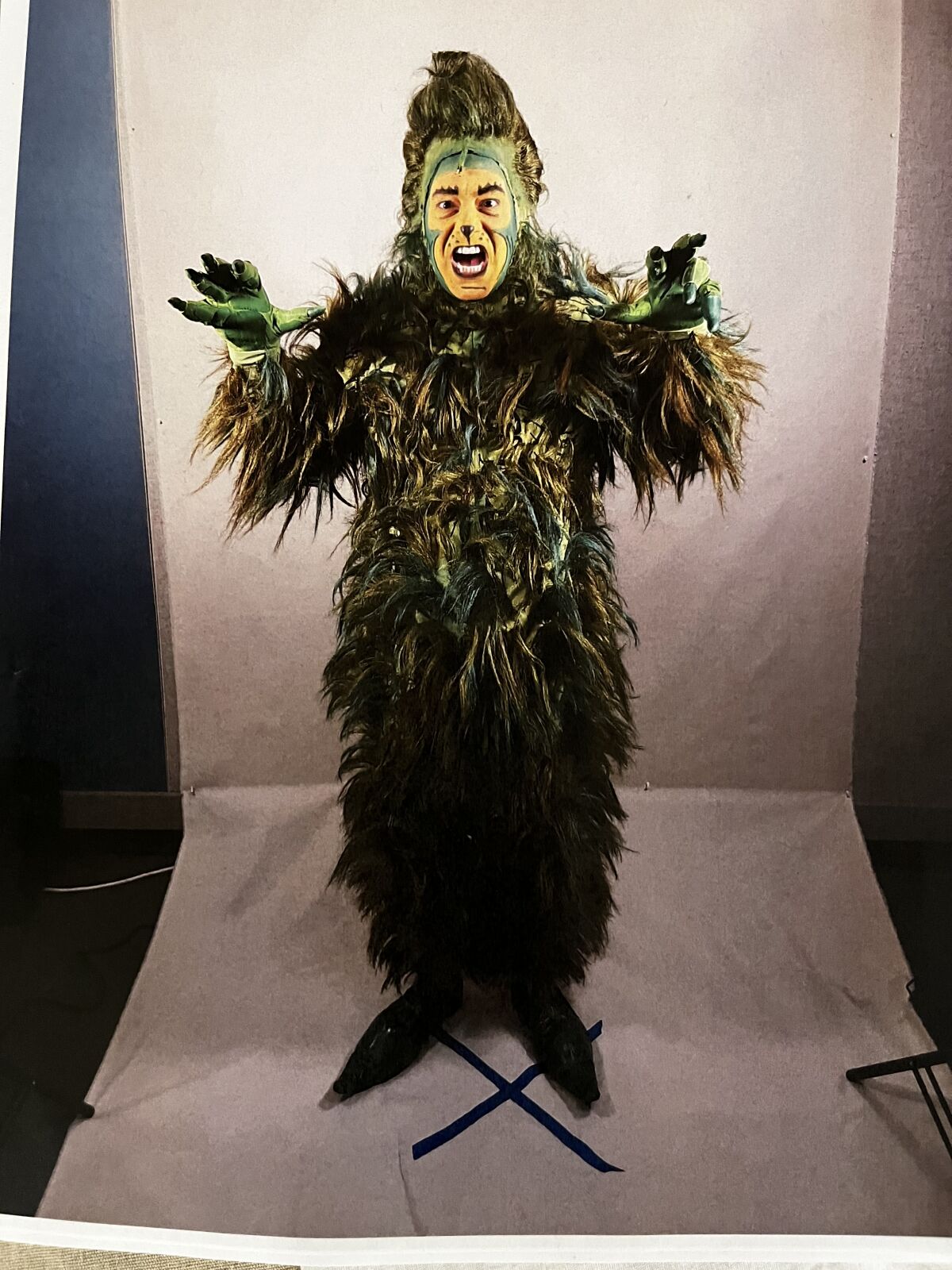 James Vásquez in costume as the Grinch for "Dr. Seuss's How the Grinch Stole Christmas!" at the Old Globe.