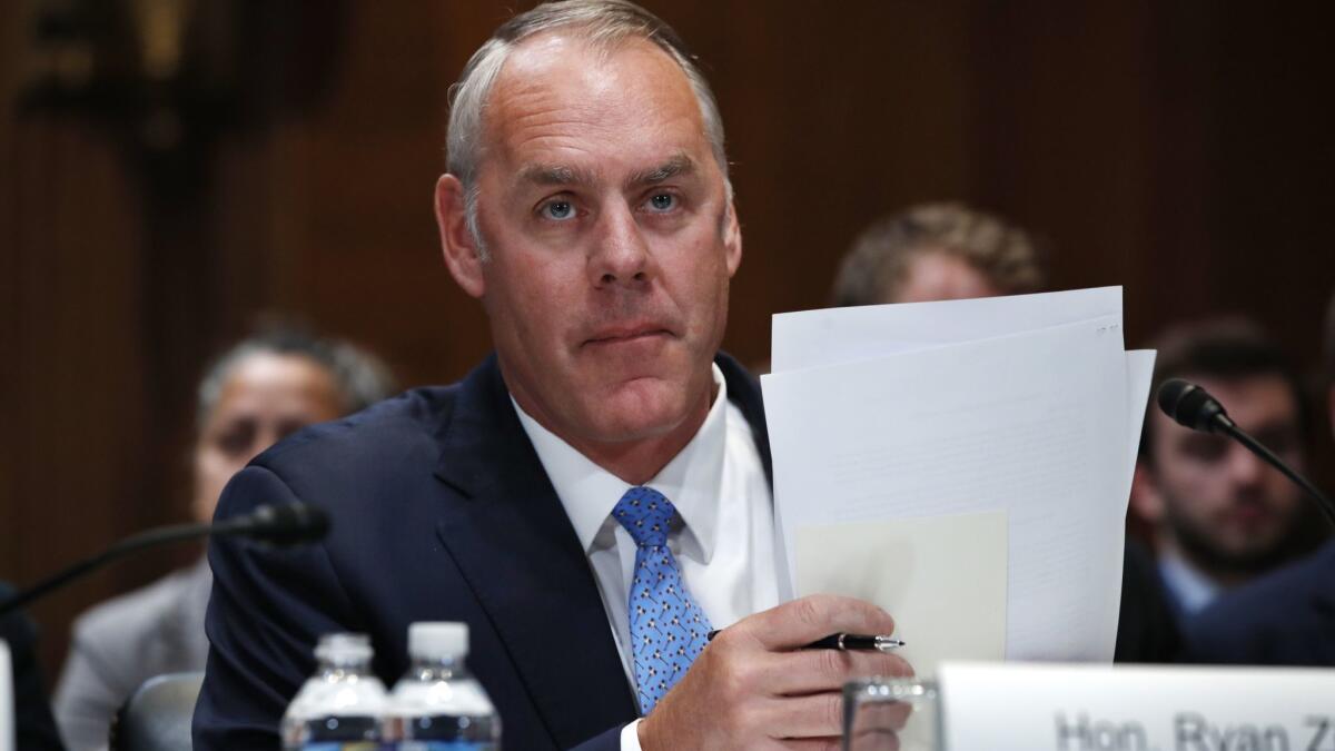 Interior Secretary Ryan Zinke arrives for a Senate Appropriations subcommittee hearing on Capitol Hill in Washington in May.