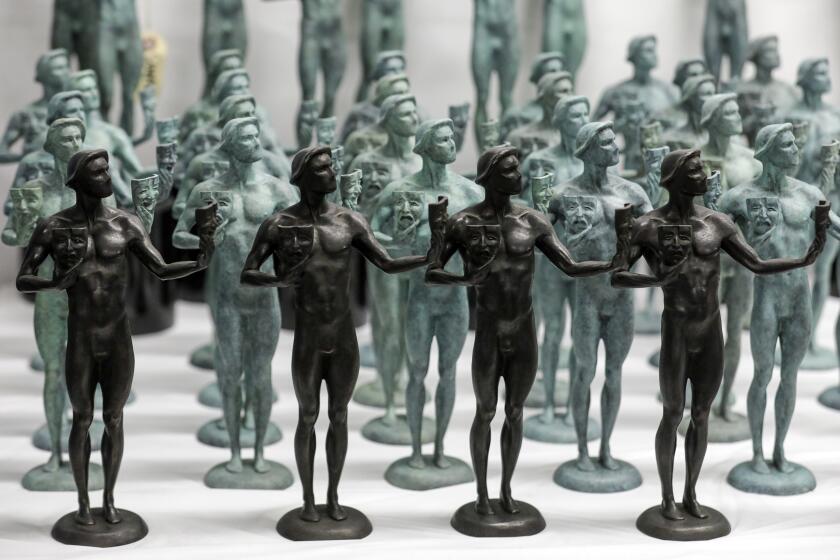 BURBANK, CA - JANUARY 07, 2020 — Solid bronze statuettes, to be awarded at the 26th annual Screen Actors Guild Awards, in different stages of production process, at American Fine Arts Foundry in Burbank. (Irfan Khan / Los Angeles Times)