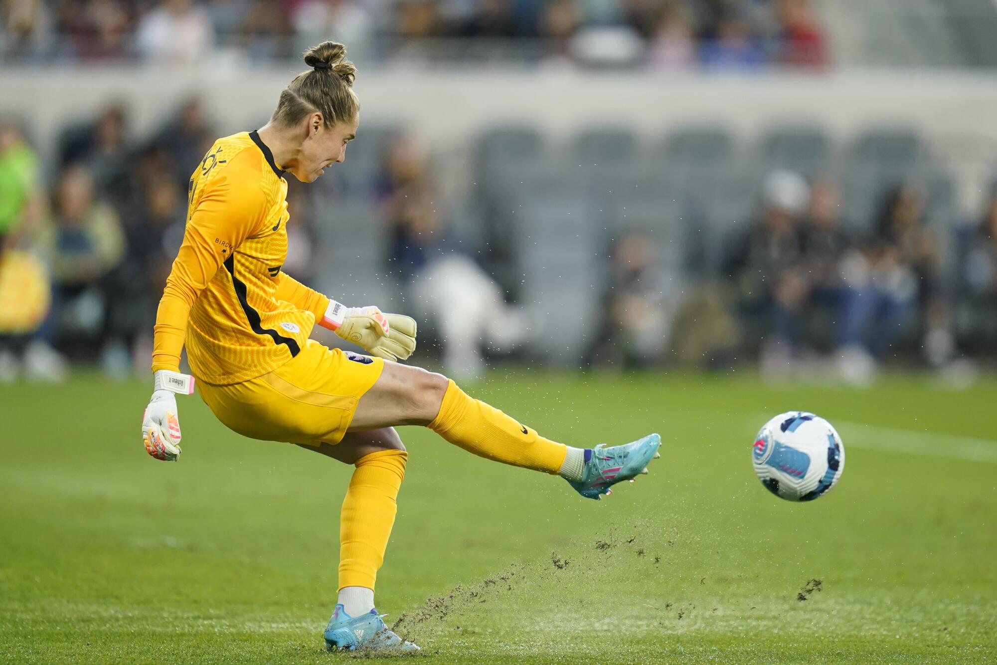 Angel City FC goalkeeper DiDi Haracic kicks the ball against the Kansas City Current on May 21.