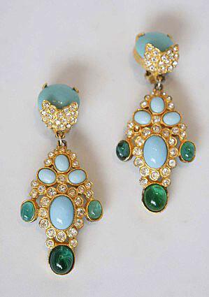 1960s Cadoro turquoise emerald and rhinestone chandelier earrings.