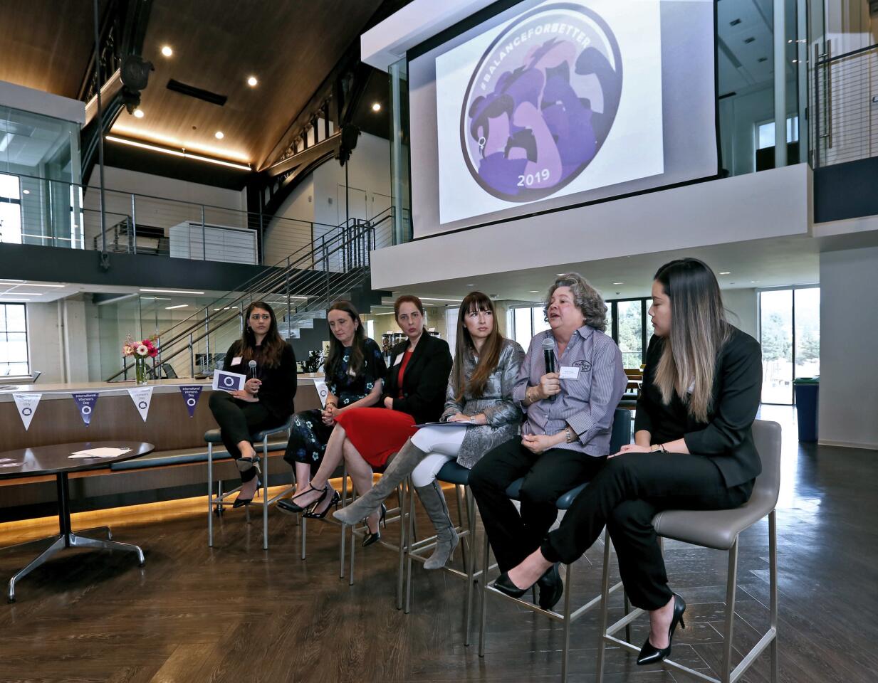 Betty Porto, owner of Porto's Bakery & Cafe, second from right, was one of the panelists at the first annual Celebration of International WomenÕs Day, at CBRE in Glendale on Friday, March 8, 2019. From left, moderator Nicole Dedic, Sales Manager at CBRE, Helen McDonagh, Owner of Massage Envy, Elissa Glickman, CEO of Glendale Arts, Miriam Lewis, Senior Vice President at Age of Learning, Betty Porto, Owner of Porto's Bakery & Cafe and Samantha Luu, Employment Branding Specialist at Service Titan.