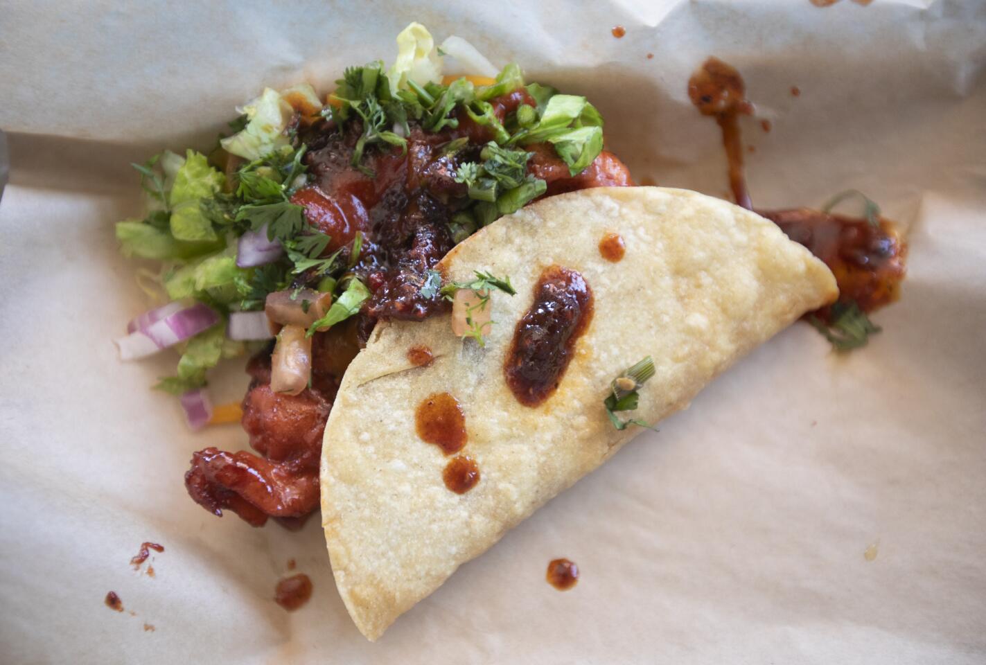 A raspberry shrimp taco from Worldwide Tacos in Leimert Park.