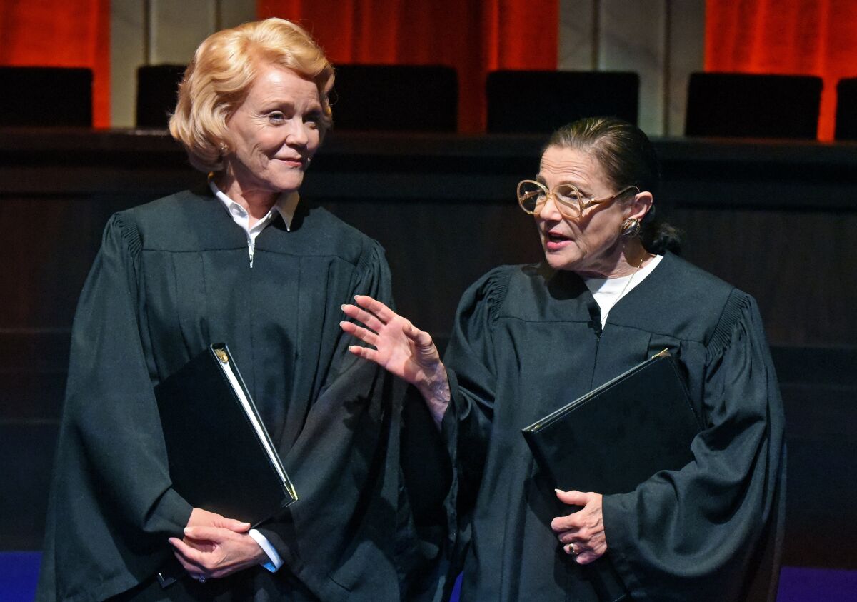 Stephanie Faracy is Sandra Day O’Connor, left, and Tovah Feldshuh is Ruth Bader Ginsburg in “Sisters in Law” at the Wallis Annenberg Center for the Performing Arts in Beverly Hills.