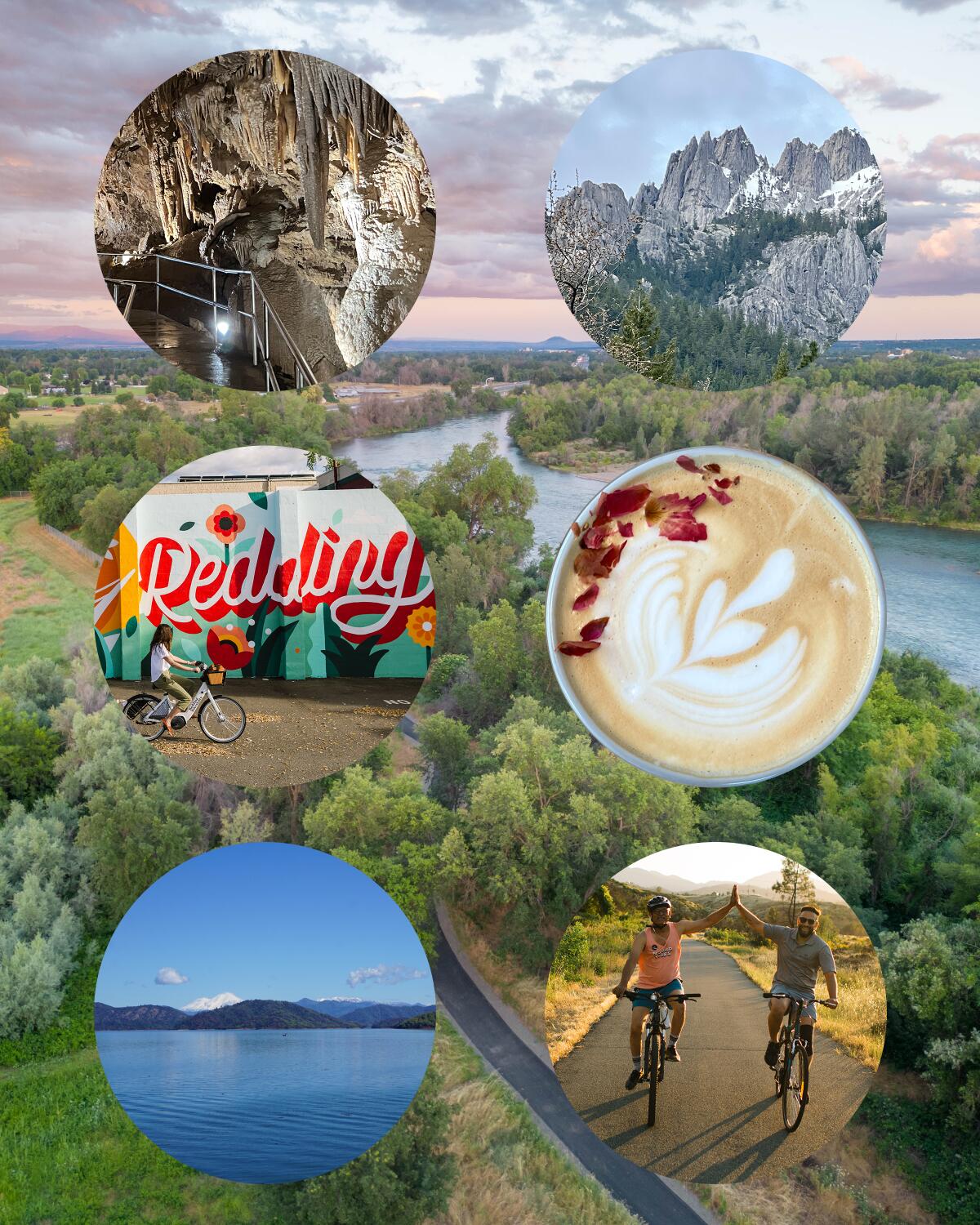 montage of six photos of Redding, California, in circles on a background aerial photo