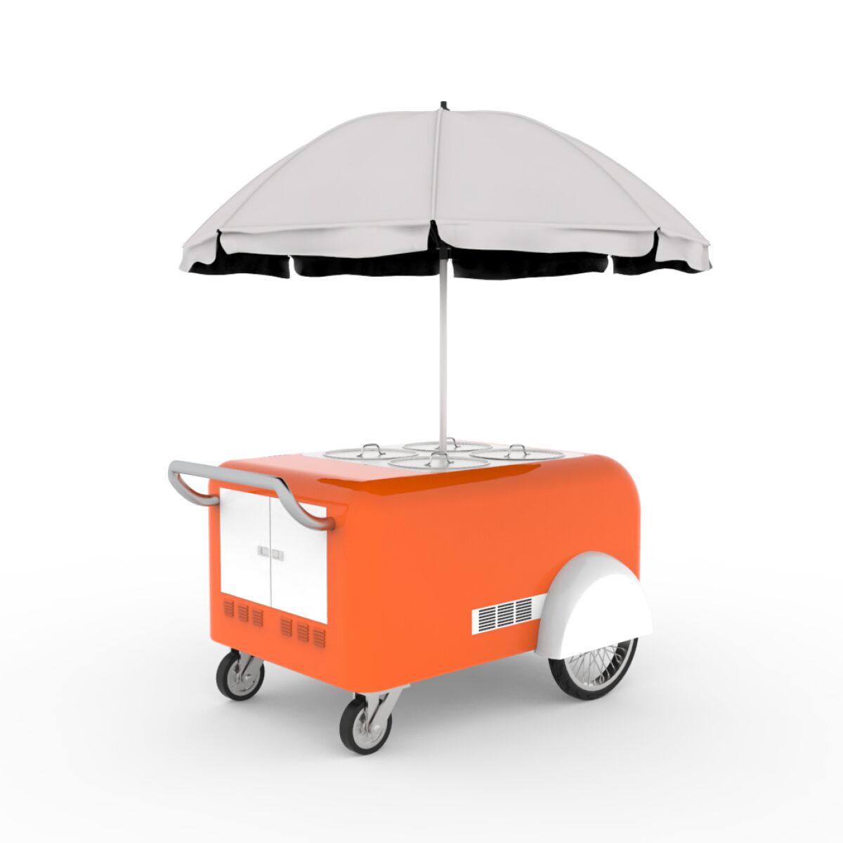 A rendering shows an orange-colored pushcart with an umbrella.