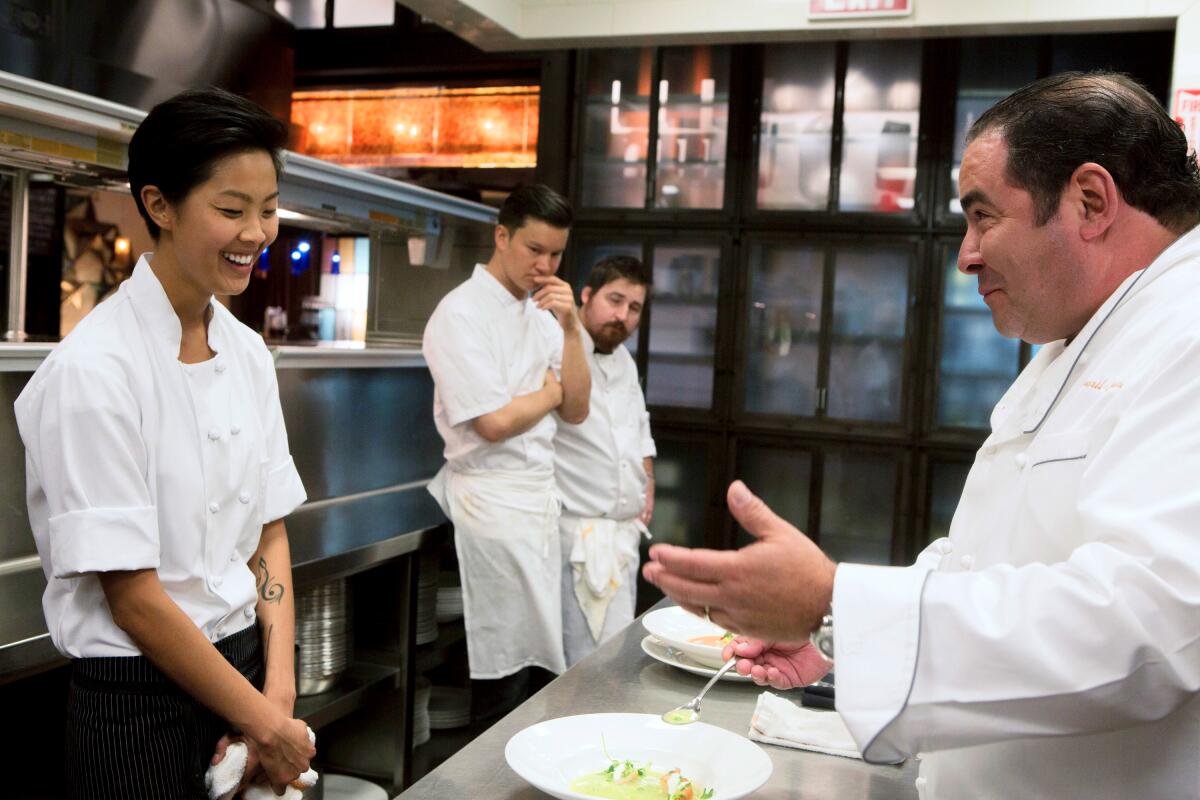 Veteran chef Emeril Lagasse with three competing chefs "The best chef"