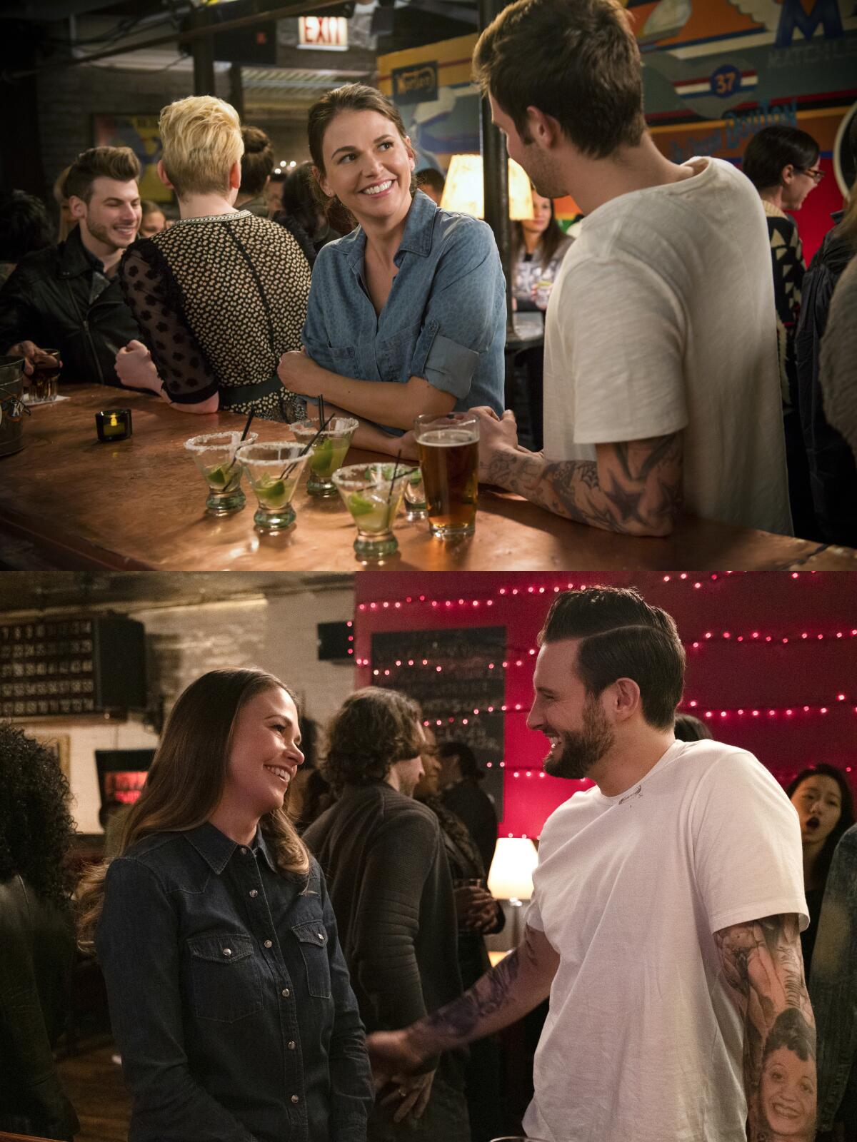 A diptych of similar images of a woman and a man in a bar from the first and last episode of "Younger"