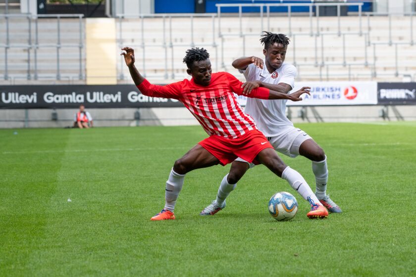 GOTHENBURG, SWEDEN - JULY 20: Players of TikiTaka Academy from Nigeria and Right to Dream from Ghana compete in the all African finals of the Boys under 17 tournament during Gothia Cup, the World Youth Cup, on July 20, 2019 at Gamla Ullevi stadium in Gothenburg, Sweden. (Photo by Julia Reinhart/Getty Images)