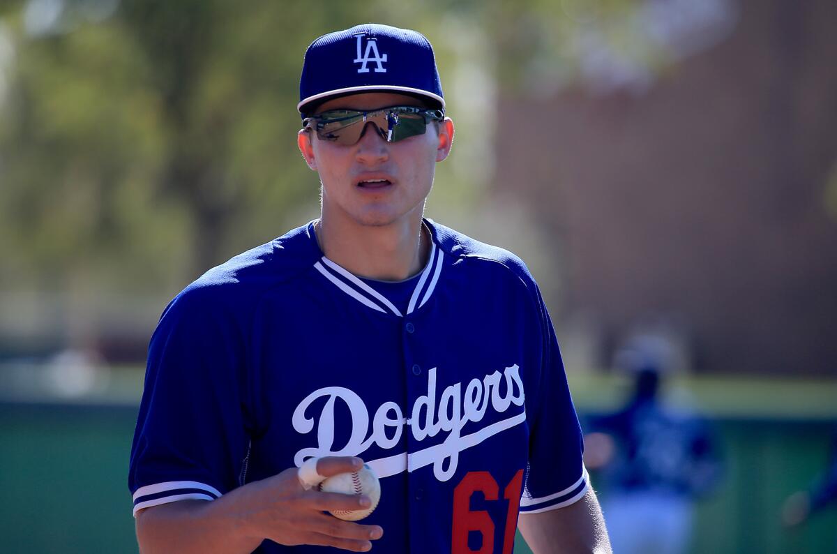 Corey Seager, shown at spring training in March, is considered the top prospect in the Dodgers' system.