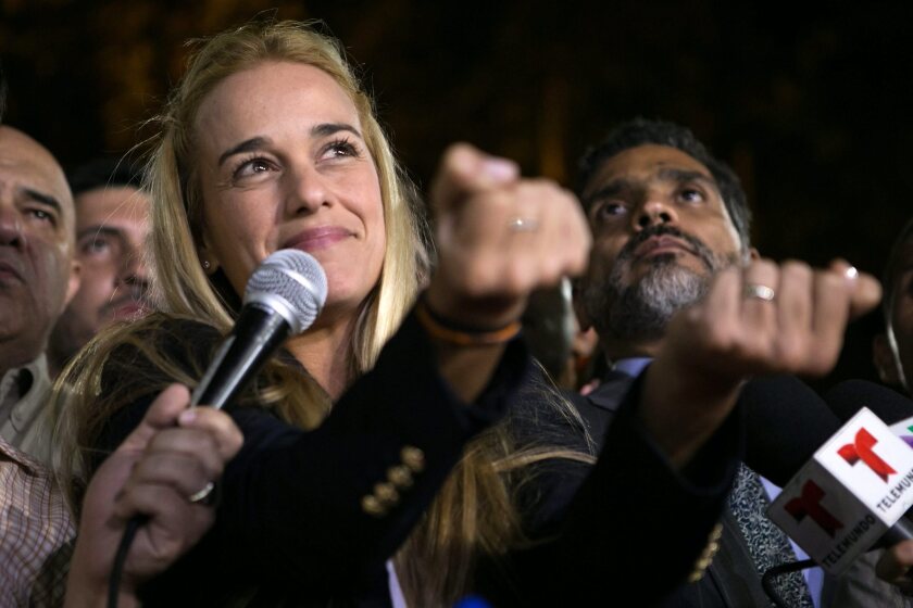 Lilian Tintori, wife of Venezuelan opposition leader Leopoldo Lopez, after Lopez was sentenced to 13 years and 9 months in prison, at Plaza Bolivar de Chacao in Caracas, Venezuela, on Thursday night.